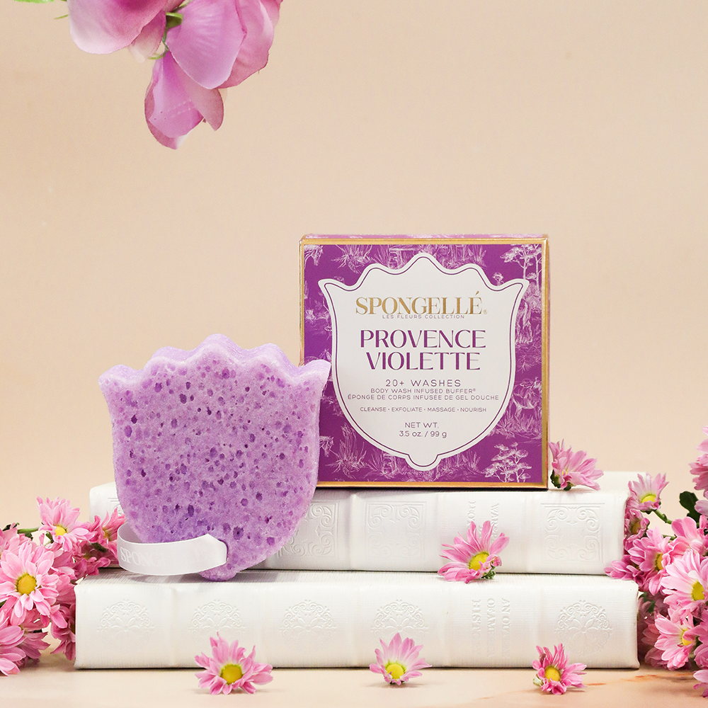 Violet-Scented Sponge & Body Buffer: Infused with Provence violet-scented body butter