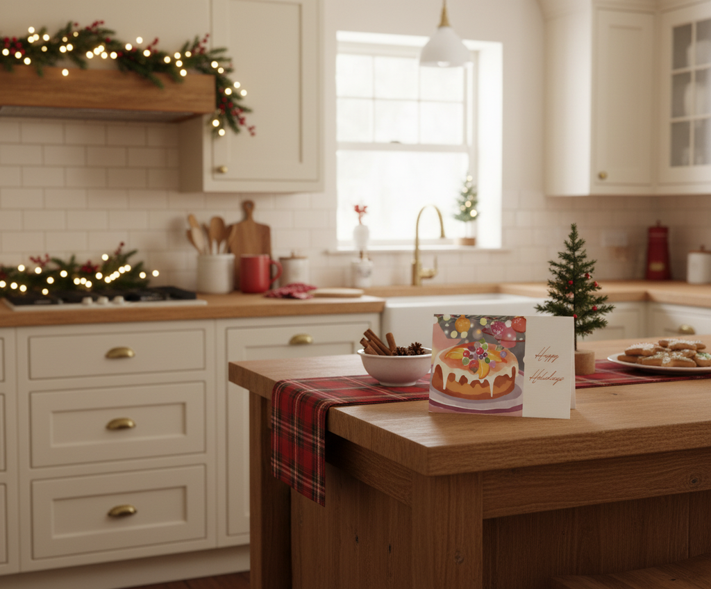 Cozy Christmas kitchen with holiday card