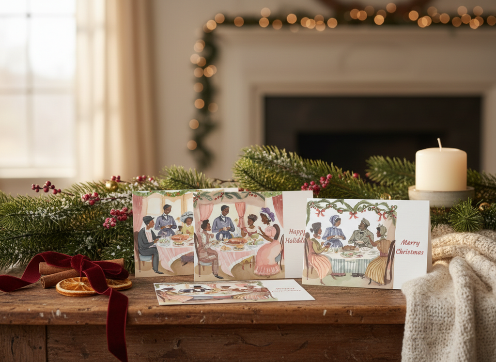 Cozy Christmas lifestyle image with four greeting cards