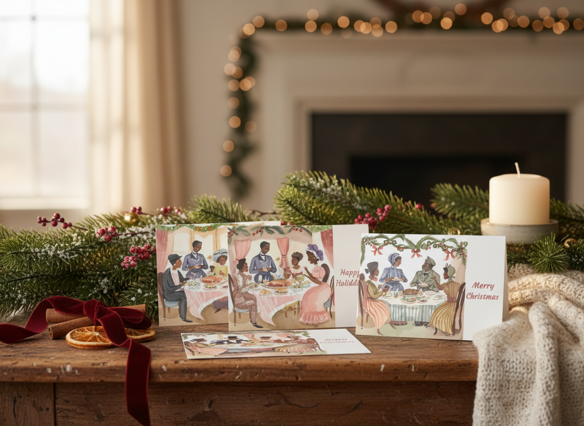 Cozy Christmas lifestyle image with four greeting cards
