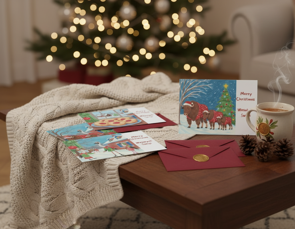 Polish Christmas cards on coffee table